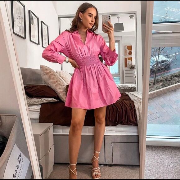 ZARA Poplin Cotton Dress Pink Gathered Waist Smocked Barbiecore Barbie Core - Picture 4 of 5